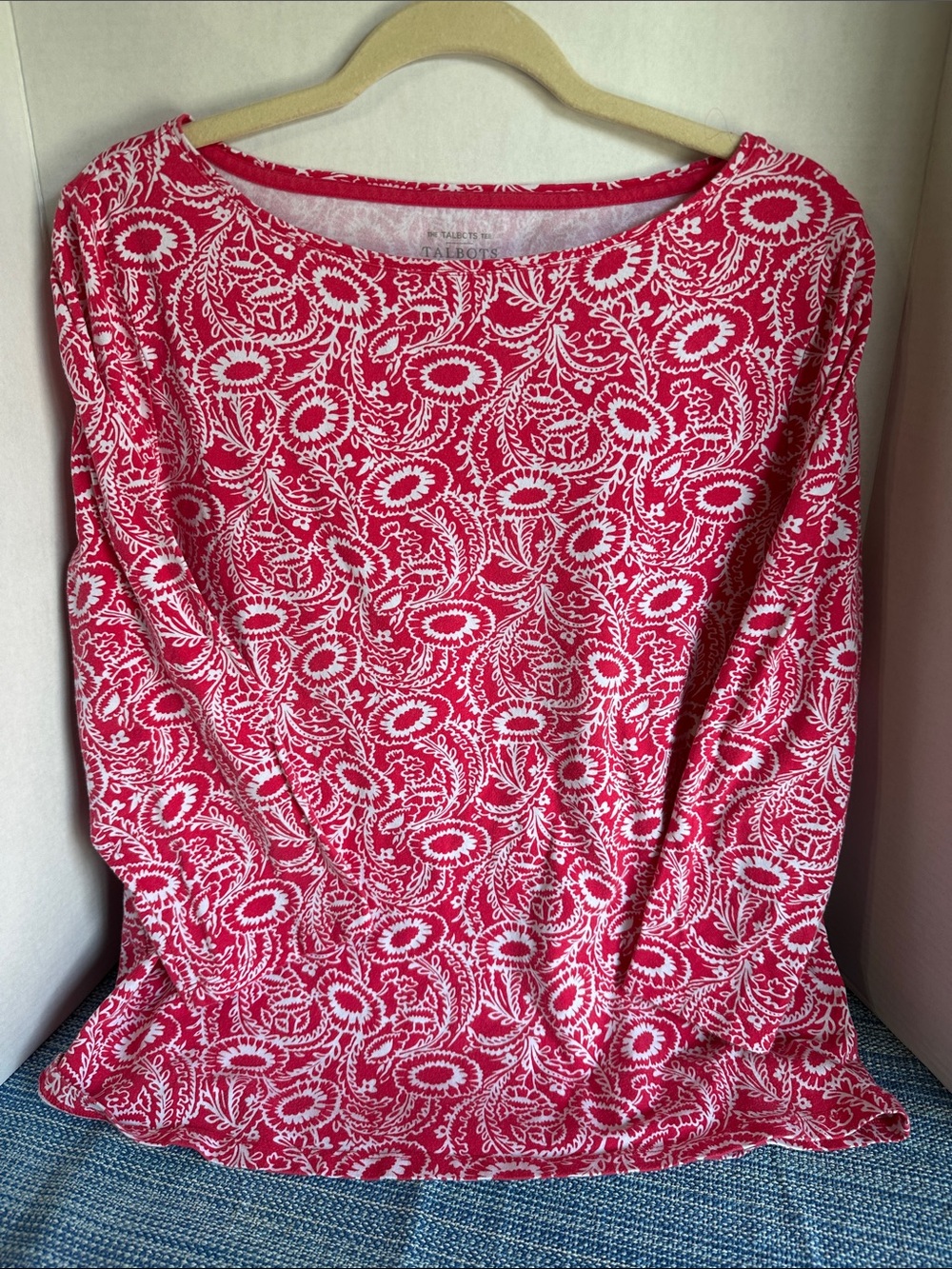 Talbots Pink & White Floral Paisley 3/4 Sleeve Boat Neck Top